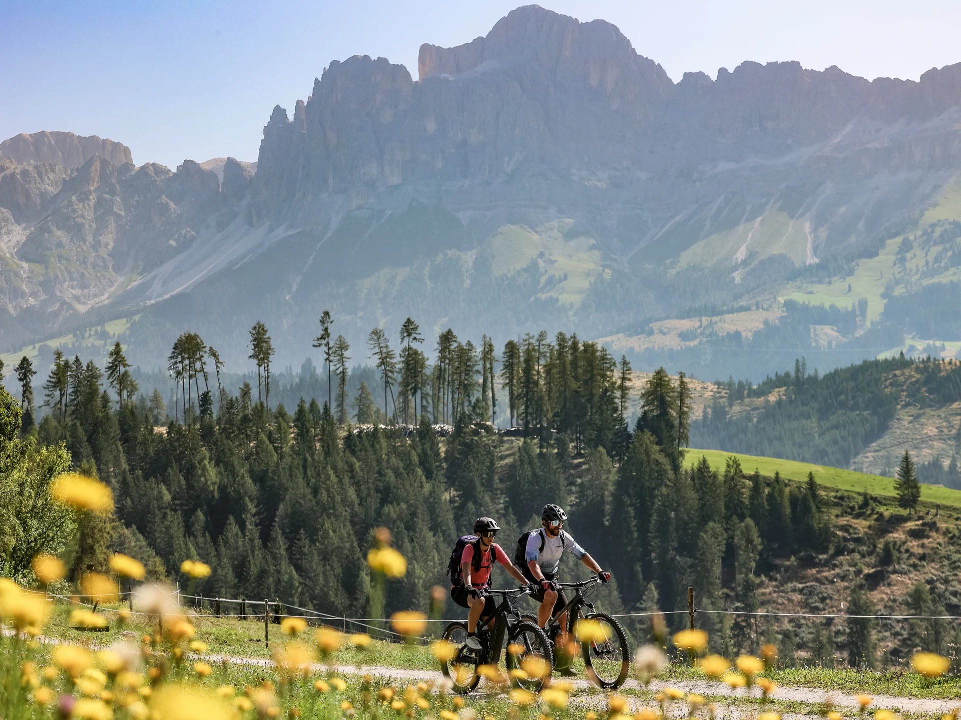 Seid ihr bereit für euren Sommerurlaub in den Dolomiten? Zwei Mountainbiker in den Bergen mit Wäldern und gelben Blumen