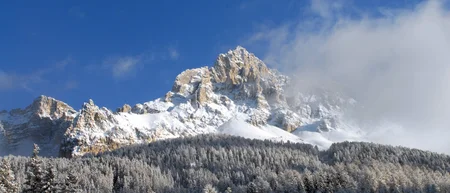 Schneebedeckte Bergspitze mit bewaldetem Hang unter blauem Himmel