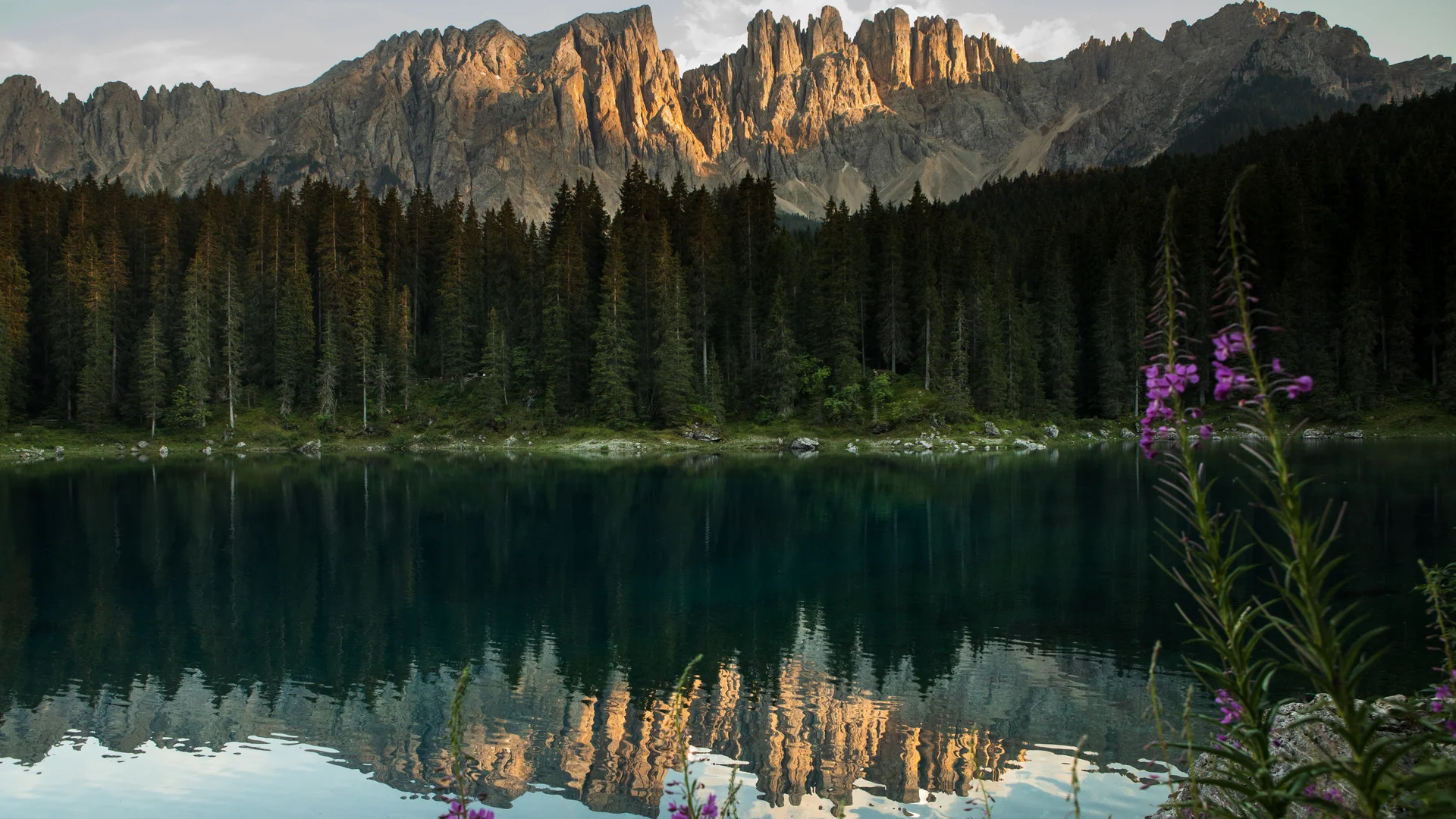 Sonnenbeschienene Bergspitzen spiegeln sich in ruhigem See vor dunklem Wald