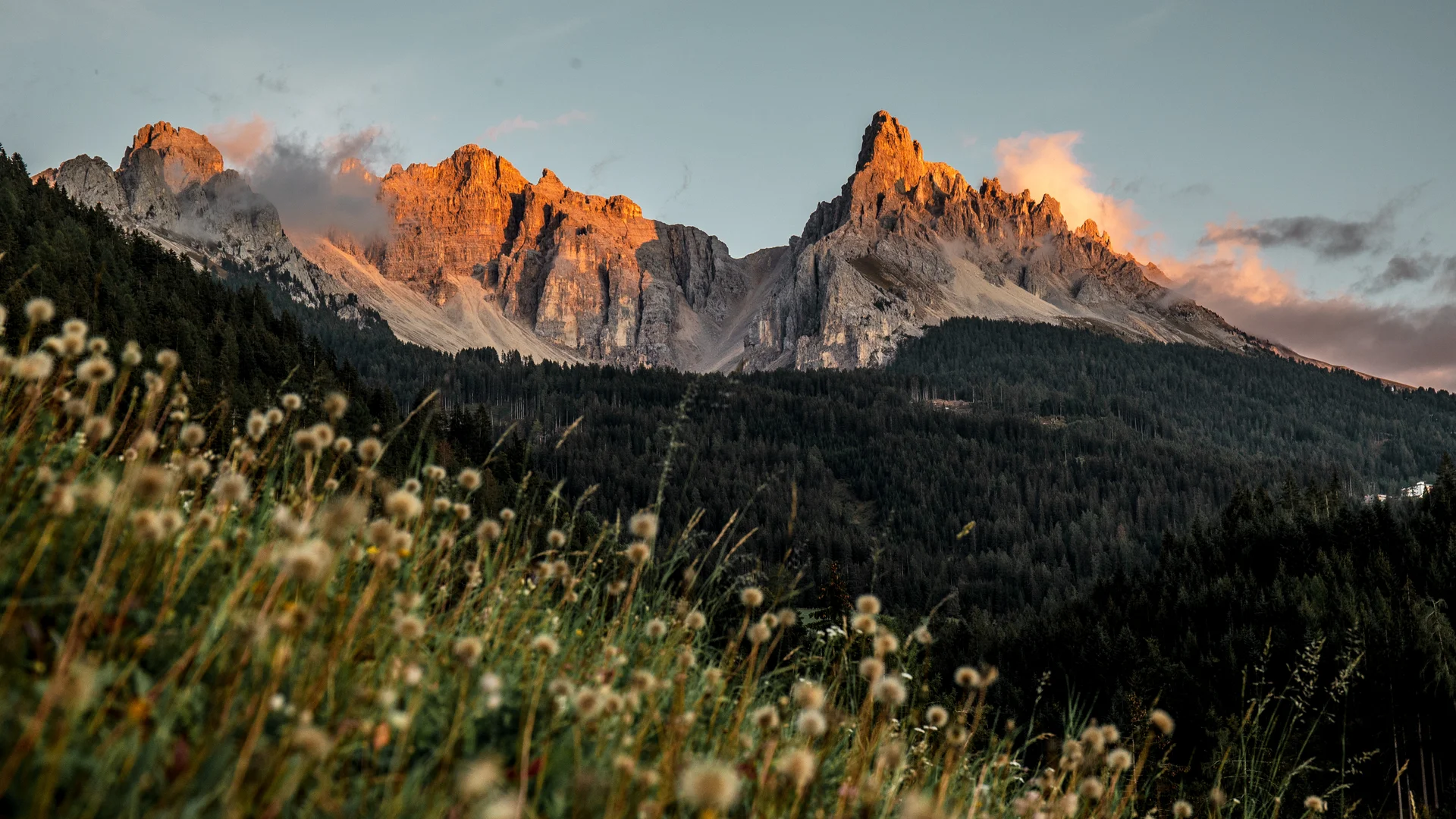 Sonnenuntergang beleuchtet die schroffen Gipfel der Dolomiten mit Wiesen im Vordergrund
